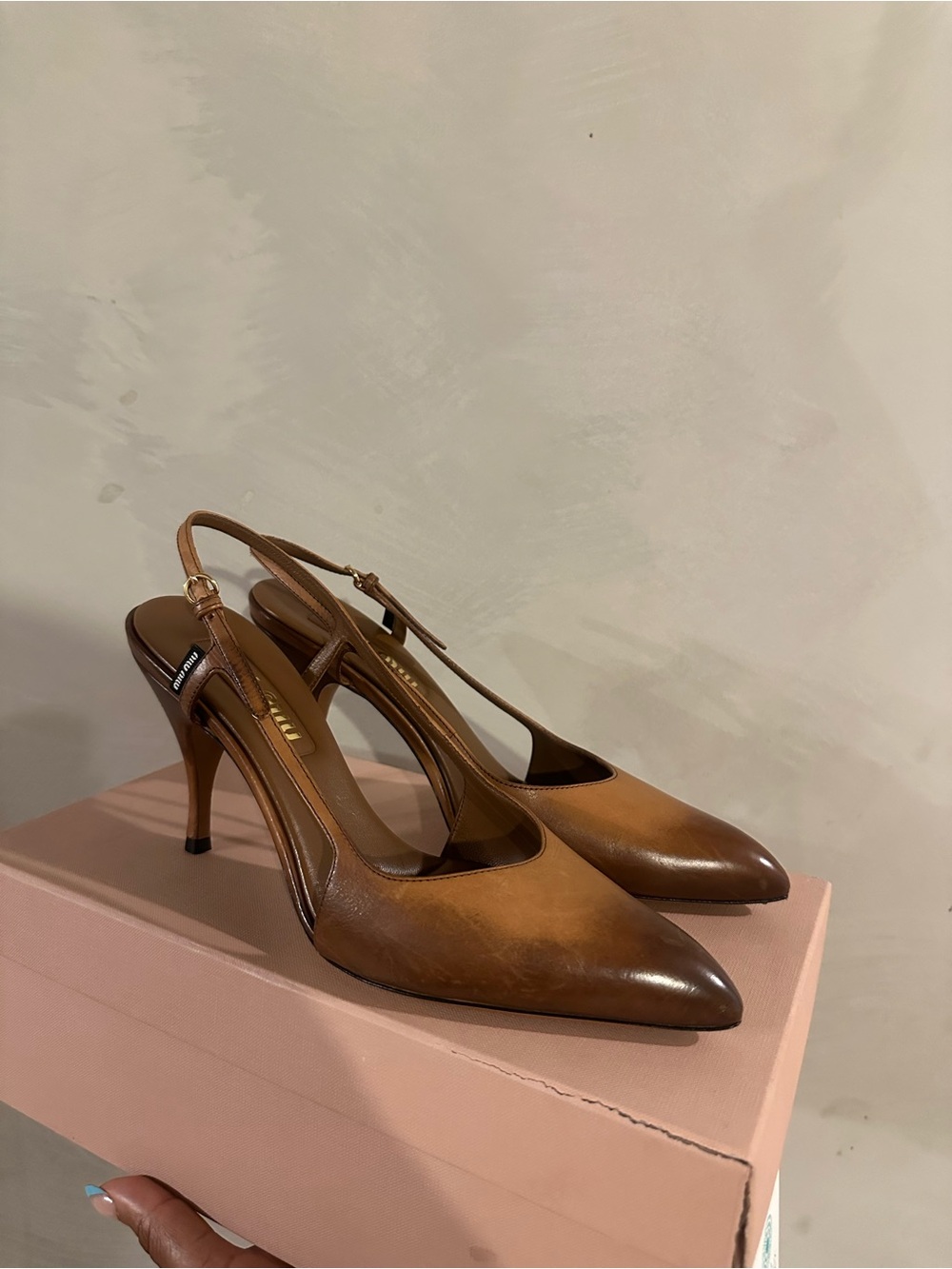 Miu Miu Tan Brown Leather Slingback Pointed-Toe Heels - Picture 7 of 13